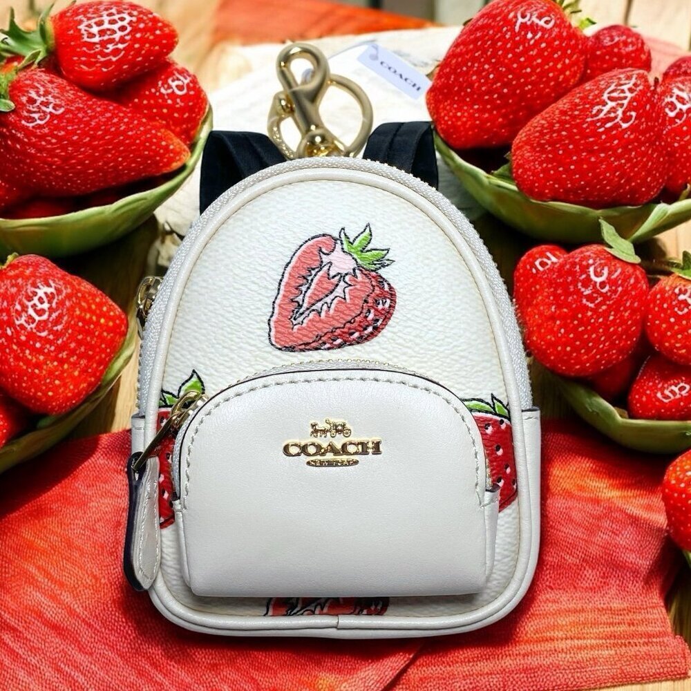 Coach Strawberry Print Mini Backpack Bag Keychain Coin Purse Charm NWT